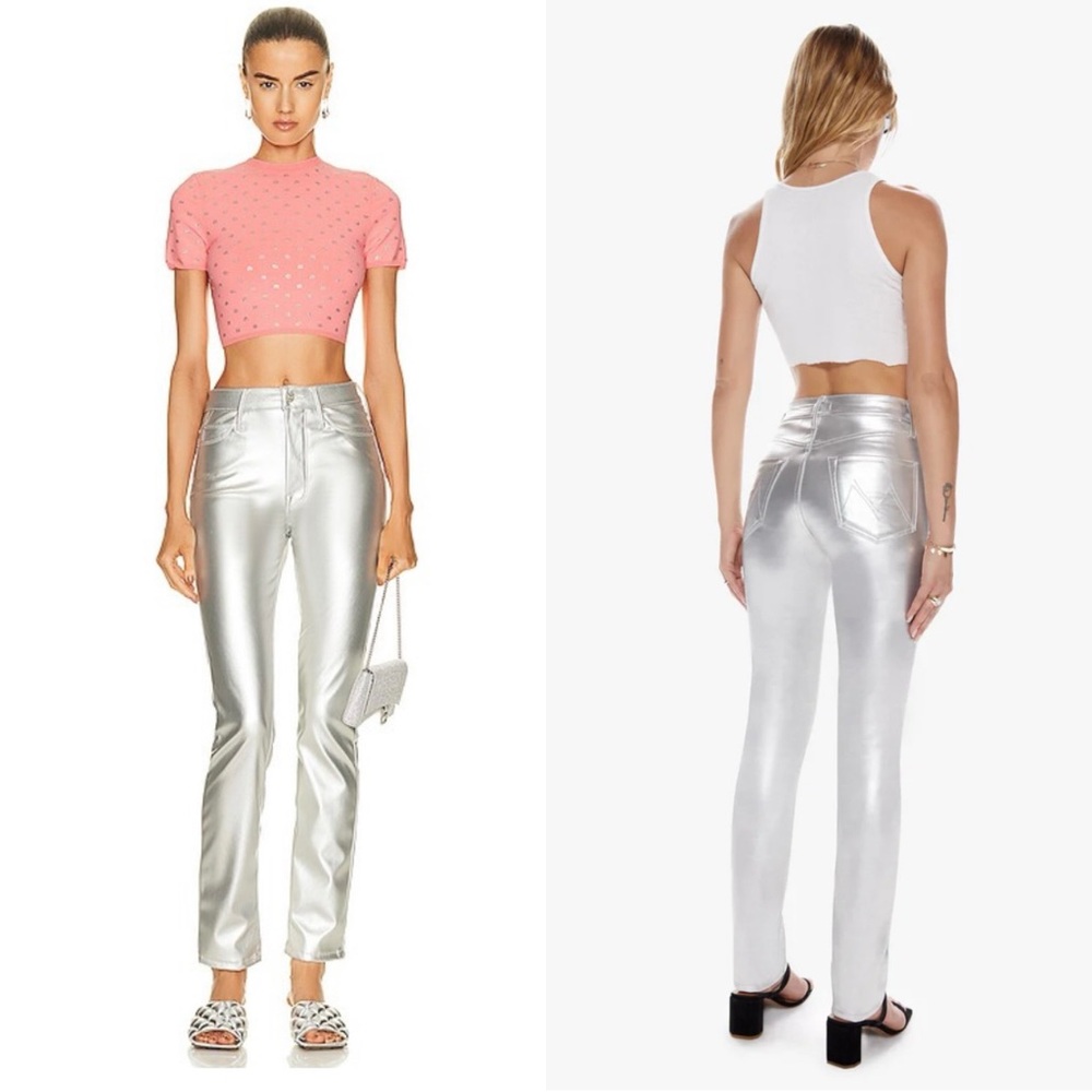 Mother The Dazzler Skimp Faux Leather Metallic Silver Skinny Straight Pants - 26